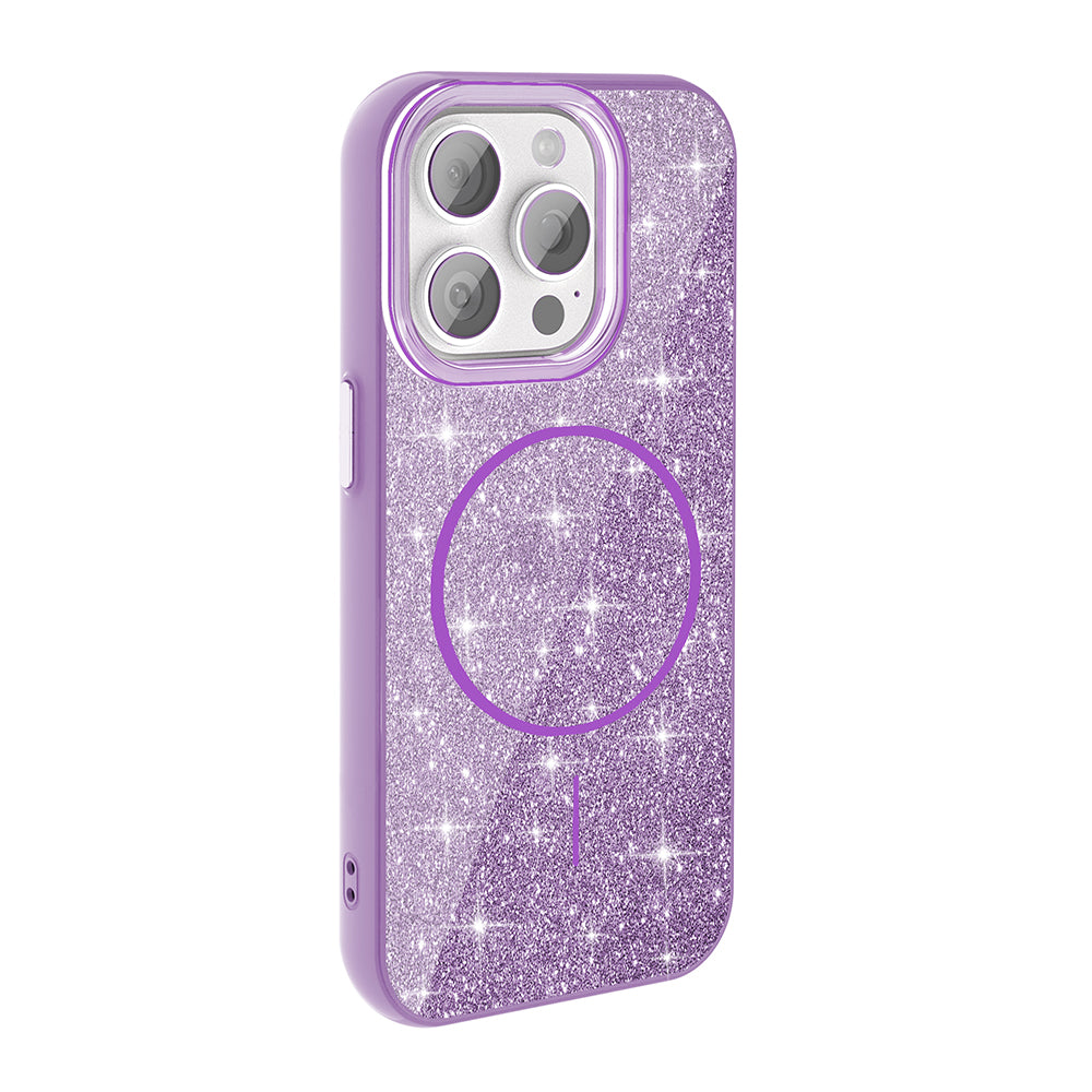 Apple iPhone 15 Pro Max Kılıf M-safe Şarj Özellikli Parlayan Simli Zore Okso Kapak Pembe