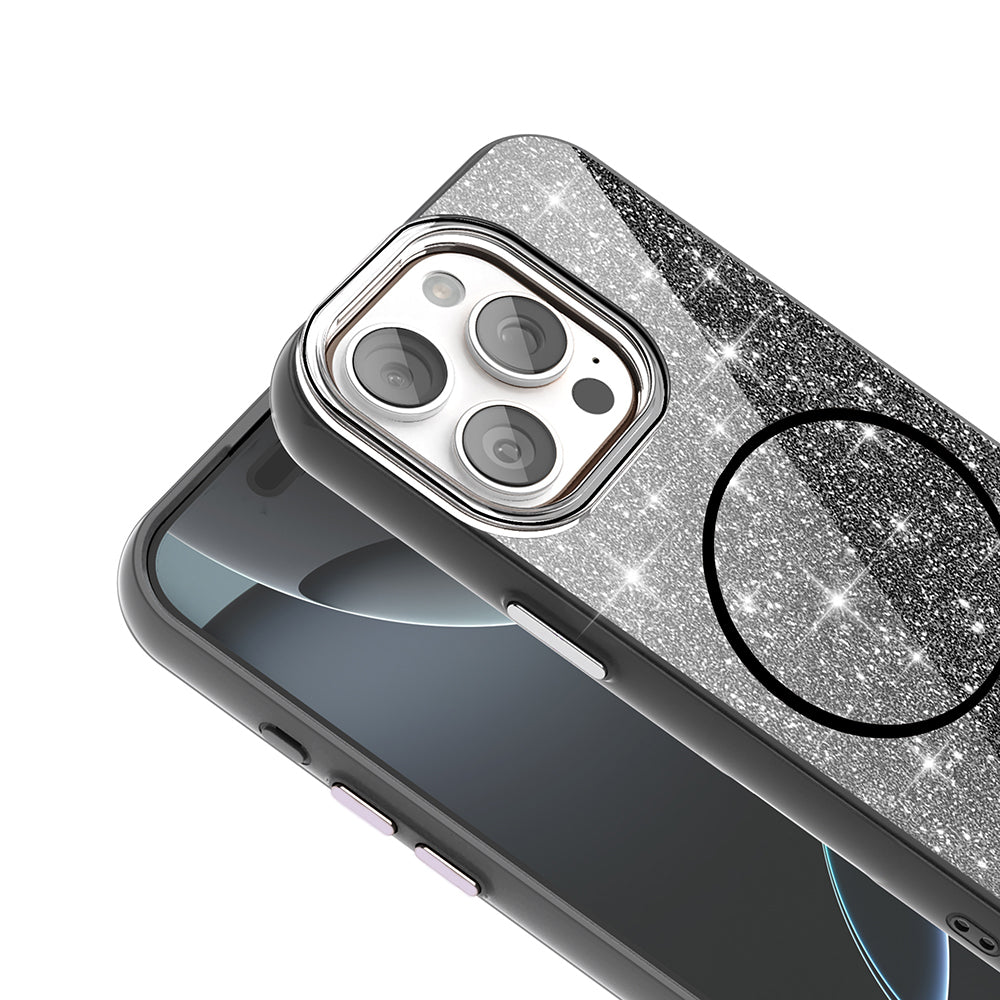 Apple iPhone 15 Pro Max Kılıf M-safe Şarj Özellikli Parlayan Simli Zore Okso Kapak Pembe