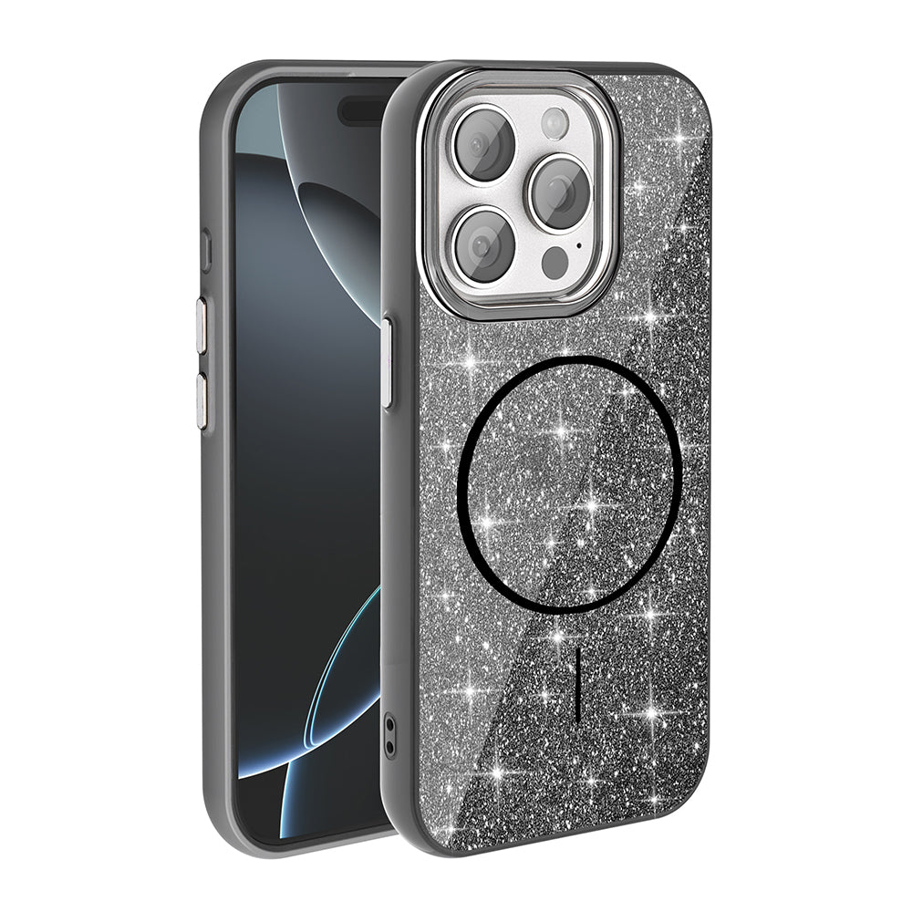 Apple iPhone 15 Pro Max Kılıf M-safe Şarj Özellikli Parlayan Simli Zore Okso Kapak Gold