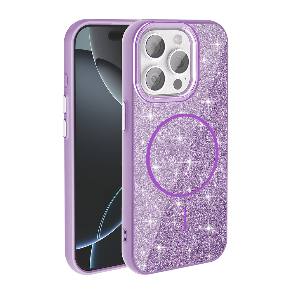 Apple iPhone 15 Pro Max Kılıf M-safe Şarj Özellikli Parlayan Simli Zore Okso Kapak Derin Mor