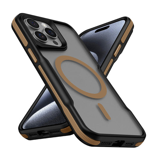 Apple iPhone 15 Pro Max Kılıf M-safe Şarj Özellikli Renkli Kenar Airbag Şeritli Zore Lamer Kapak Titanyum-Gold