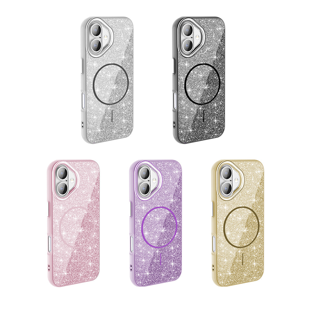 Apple iPhone 16 Kılıf M-safe Şarj Özellikli Parlayan Simli Zore Okso Kapak Derin Mor