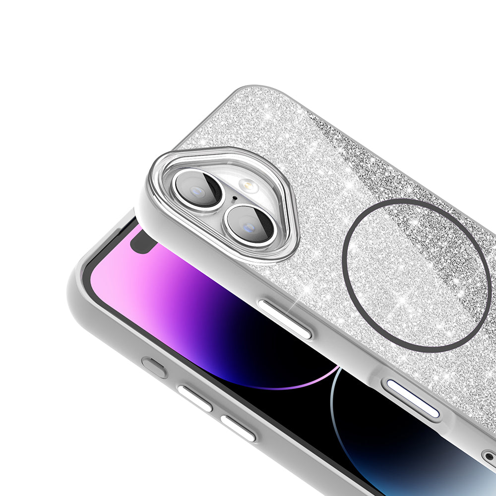 Apple iPhone 16 Kılıf M-safe Şarj Özellikli Parlayan Simli Zore Okso Kapak Derin Mor