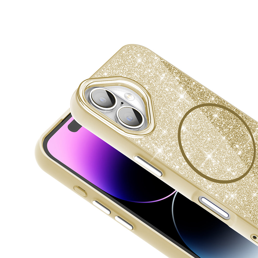 Apple iPhone 16 Plus Kılıf M-safe Şarj Özellikli Parlayan Simli Zore Okso Kapak Gold