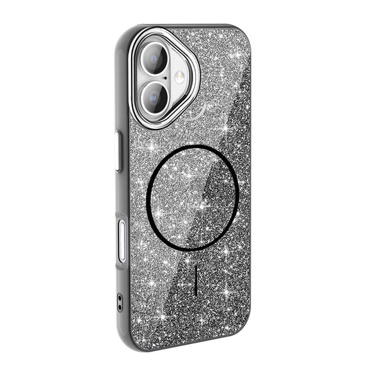 Apple iPhone 16 Plus Kılıf M-safe Şarj Özellikli Parlayan Simli Zore Okso Kapak Siyah
