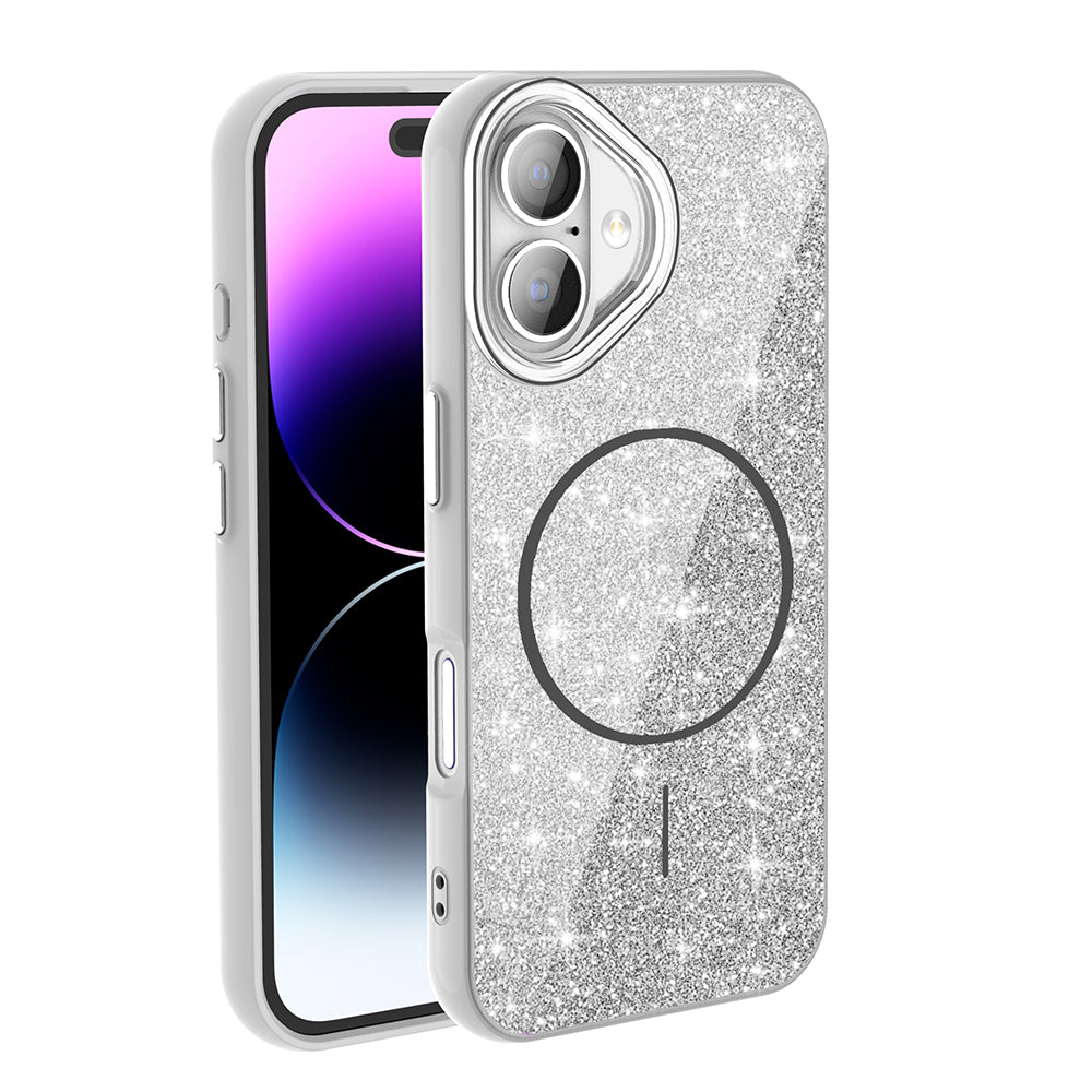 Apple iPhone 16 Plus Kılıf M-safe Şarj Özellikli Parlayan Simli Zore Okso Kapak Pembe