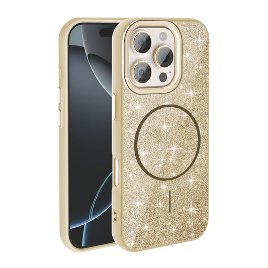 Apple iPhone 16 Pro Max Kılıf M-safe Şarj Özellikli Parlayan Simli Zore Okso Kapak Gold