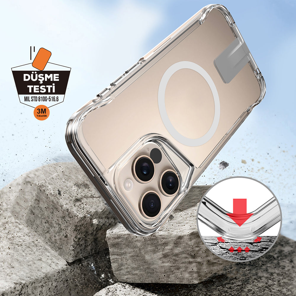 Apple iPhone 16 Pro Max Kılıf M-safe Şarj Özellikli Zore T-Max Standlı Kapak Şeffaf