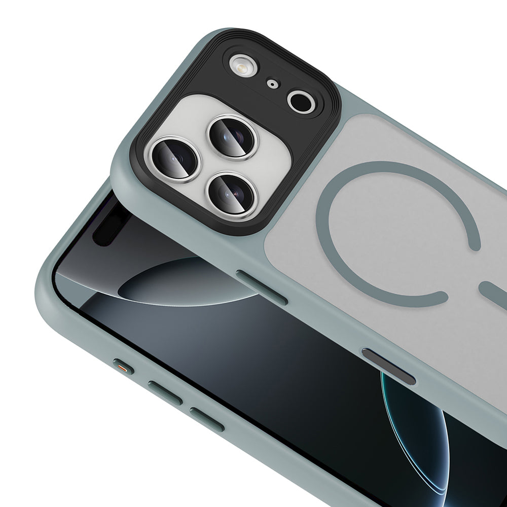 Apple iPhone 17 Pro Max Kılıf Mat Arka Yüzey Wireless Şarj Özellikli Zore Flet M-safe Kapak Gri