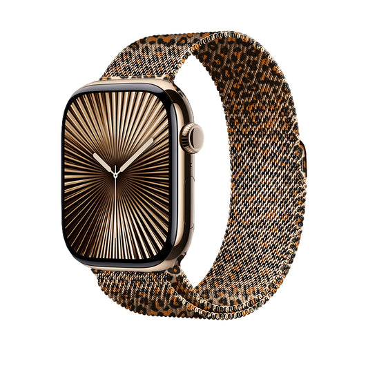 Apple Watch 44mm Zore KRD-01 Leopar Desenli Metal Kordon Rose Gold-Leopar