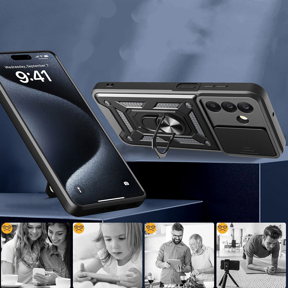 Galaxy A17 Kılıf Magnetik Standlı Kamera Korumalı Zore Sürgülü Vega Kapak Siyah