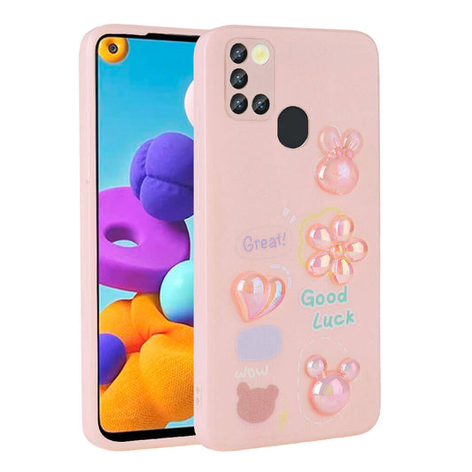 Galaxy A21S Kılıf Kabartma Figürlü Parlak Zore Toys Silikon Kapak Pembe