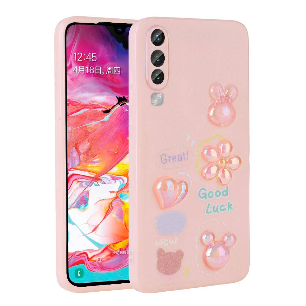 Galaxy A70 Kılıf Kabartma Figürlü Parlak Zore Toys Silikon Kapak Pembe