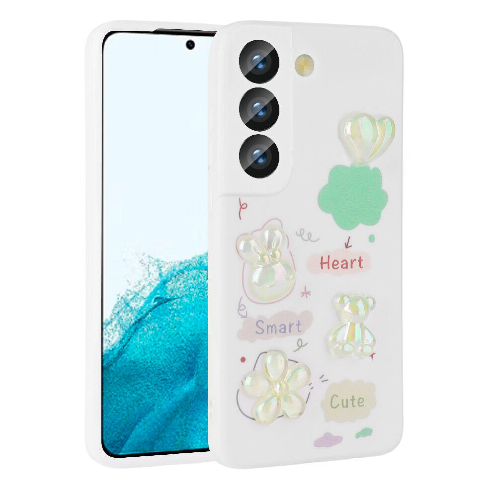 Galaxy S21 FE Kılıf Kabartma Figürlü Parlak Zore Toys Silikon Kapak Beyaz