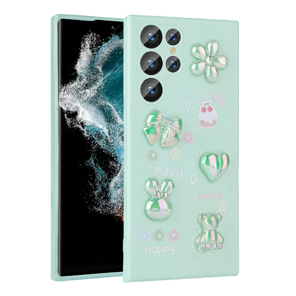 Galaxy S22 Ultra Kılıf Kabartma Figürlü Parlak Zore Toys Silikon Kapak Açık Yeşil