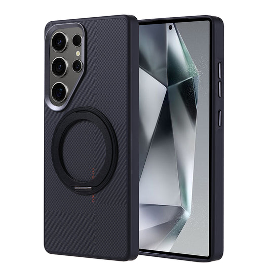 Galaxy S25 Ultra Kılıf M-safe Şarj Özellikli Karbon Fiber Görünümlü Zore Standlı Troy Kapak Siyah