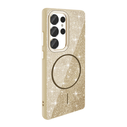 Galaxy S25 Ultra Kılıf M-safe Şarj Özellikli Parlayan Simli Zore Okso Kapak Gold