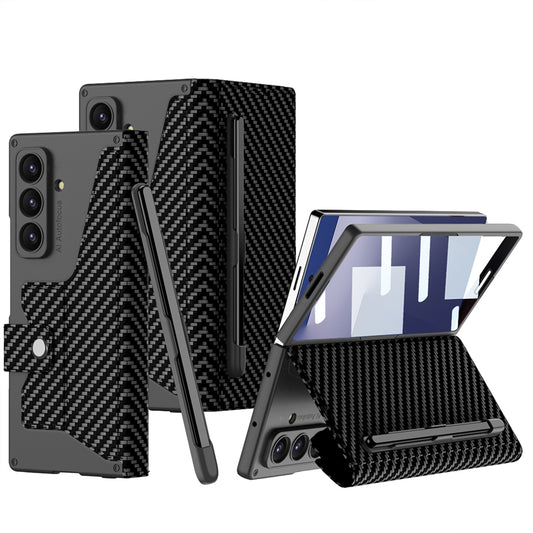 Galaxy Z Fold 7 Kılıf Kamera Korumalı Karbon Tasarımlı Zore Kıpta Kalem Bölmeli Fest Kapak Siyah