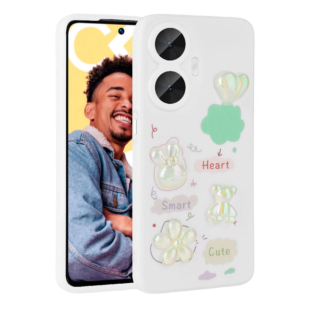 Realme C55 Kılıf Kabartma Figürlü Parlak Zore Toys Silikon Kapak Beyaz