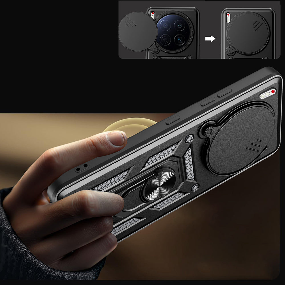 Tecno Camon 40 Premier 5G Kılıf Magnetik Standlı Kamera Korumalı Zore Sürgülü Vega Kapak Mavi