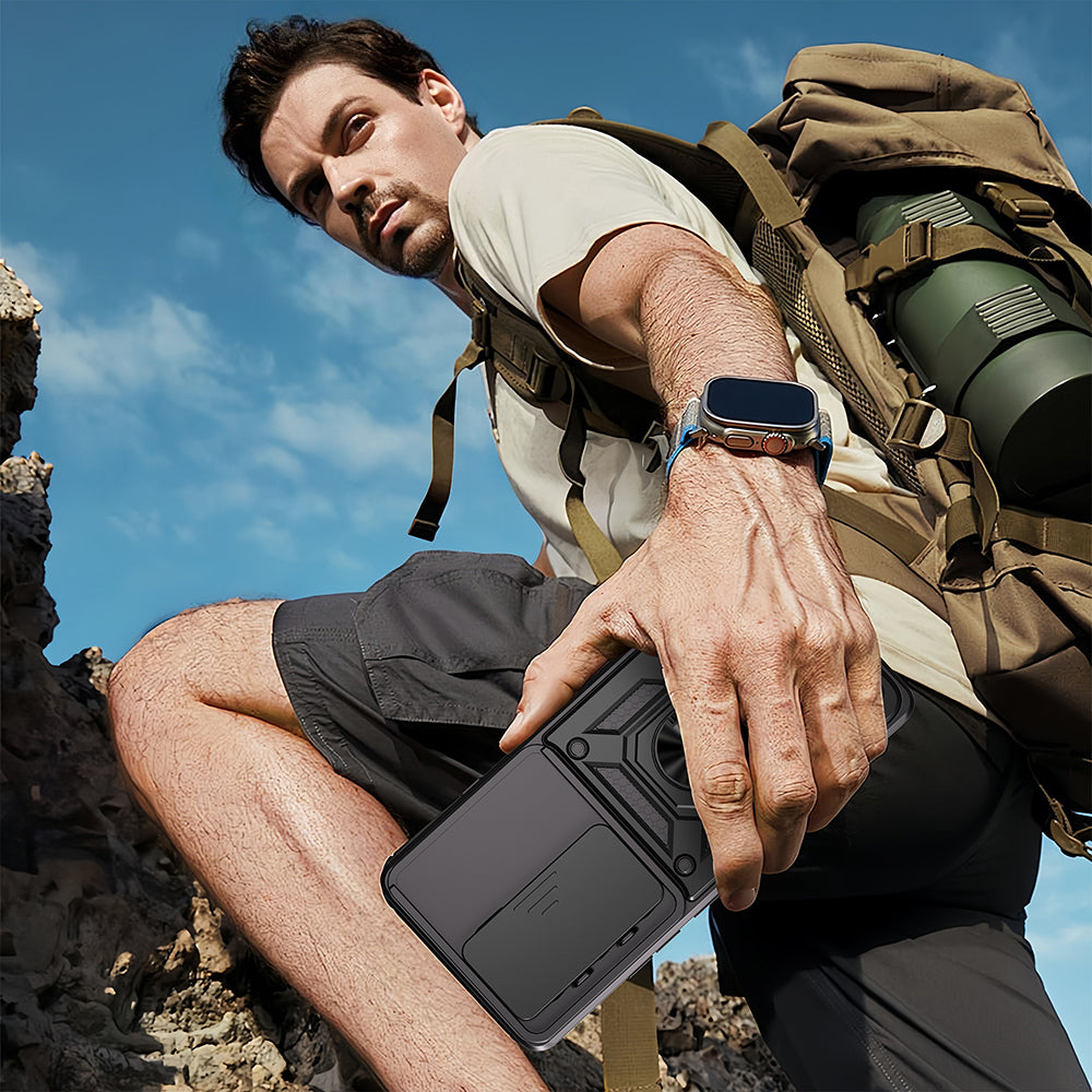 Tecno Camon 40 Pro Kılıf Magnetik Standlı Kamera Korumalı Zore Sürgülü Vega Kapak Siyah